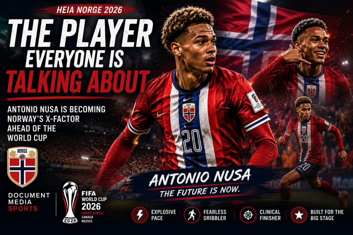 Antonio Nusa celebrates as Norway's emerging star ahead of the 2026 FIFA World Cup, featured in a cinematic Document Media Sports graphic highlighting his rise as a key player for the Norwegian national team.