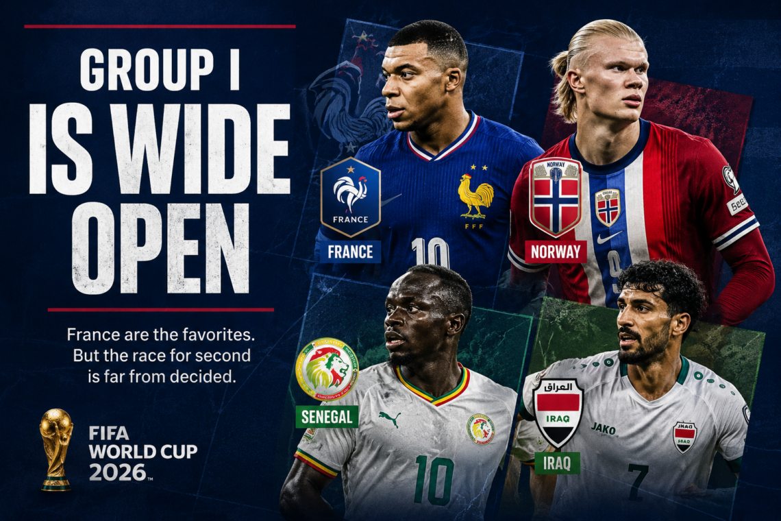 Document Media Sports World Cup graphic showing France, Norway, Senegal, and Iraq competing in the open Group I race at FIFA World Cup 2026.