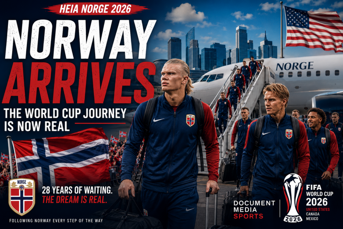 Norway national football team arrives in the United States ahead of the 2026 FIFA World Cup as Erling Haaland, Martin Ødegaard and teammates disembark from an aircraft, marking Norway's return to football's biggest stage after a 28-year absence.
