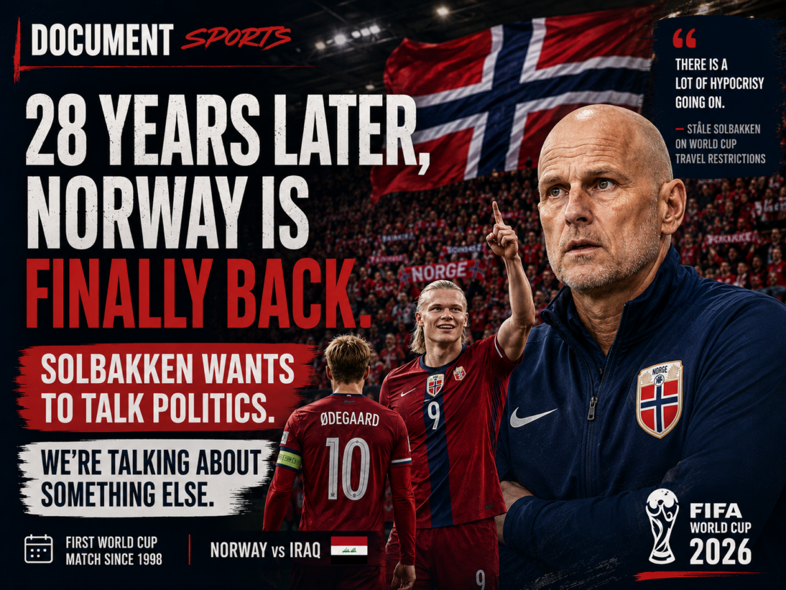 Document Sports graphic showing Ståle Solbakken, Martin Ødegaard and Erling Haaland ahead of Norway's first World Cup appearance since 1998.