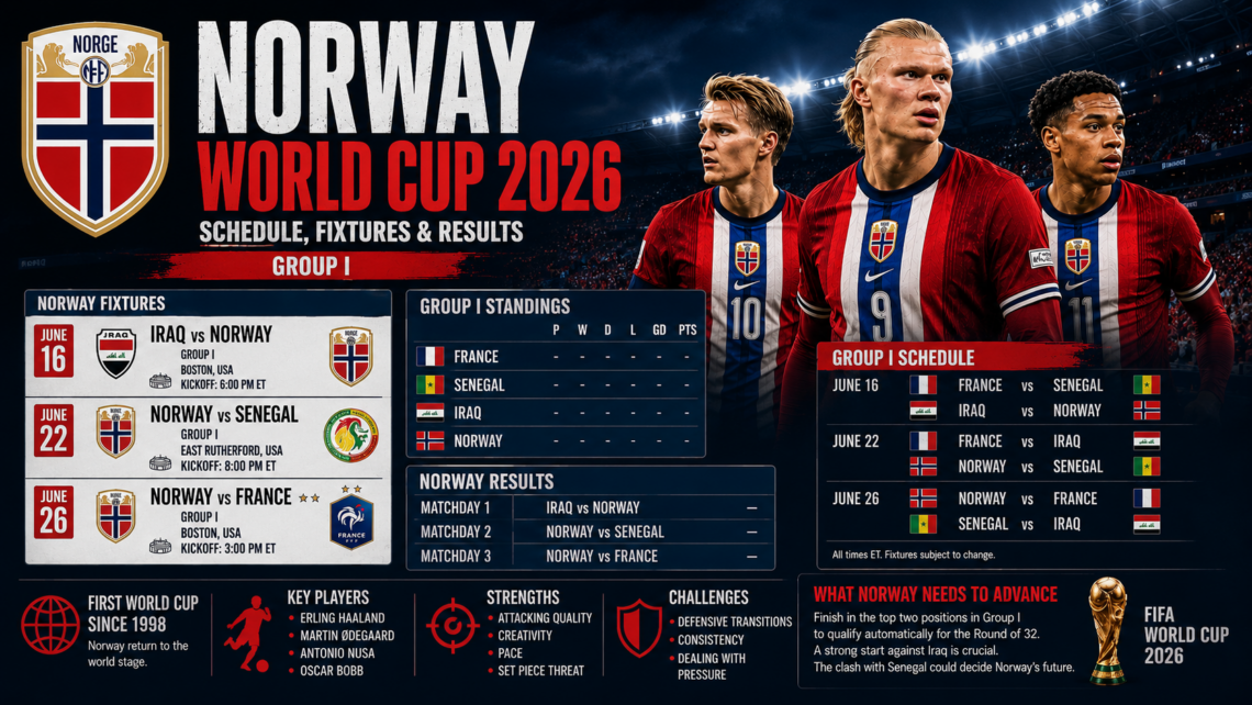 Norway World Cup 2026 schedule graphic with Group I fixtures and Document Media Sports branding.