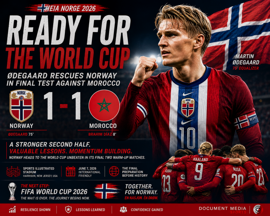 Martin Ødegaard leads Norway during a 1–1 draw against Morocco at Sports Illustrated Stadium in Harrison, New Jersey, in the team's final warm-up match before the 2026 FIFA World Cup.