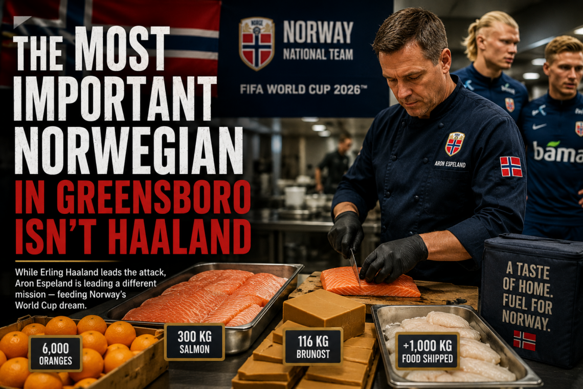 Aron Espeland, head chef for Norway's national football team, prepares Norwegian salmon at the World Cup base in Greensboro, North Carolina. Norway shipped more than 1,000 kilograms of food, including salmon, brunost, and 6,000 oranges, to support its FIFA World Cup 2026 campaign.