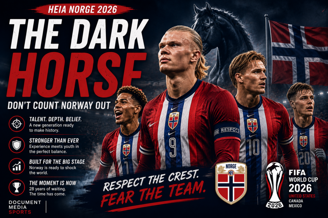 Norway's national football team featured in a dramatic World Cup 2026 editorial graphic titled "The Dark Horse," highlighting Erling Haaland, Martin Ødegaard, Antonio Nusa, and Norway's potential as a surprise contender at the FIFA World Cup.