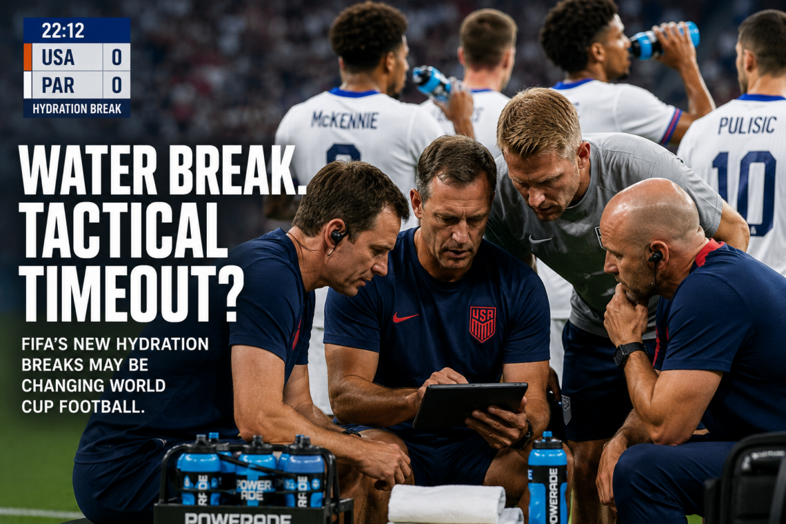 U.S. coaches review tactics on a tablet during a World Cup hydration break,