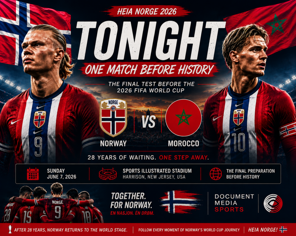 Promotional graphic for Norway vs Morocco at Sports Illustrated Stadium in Harrison, New Jersey, featuring Erling Haaland and Martin Ødegaard ahead of Norway's final preparation match before the 2026 FIFA World Cup.