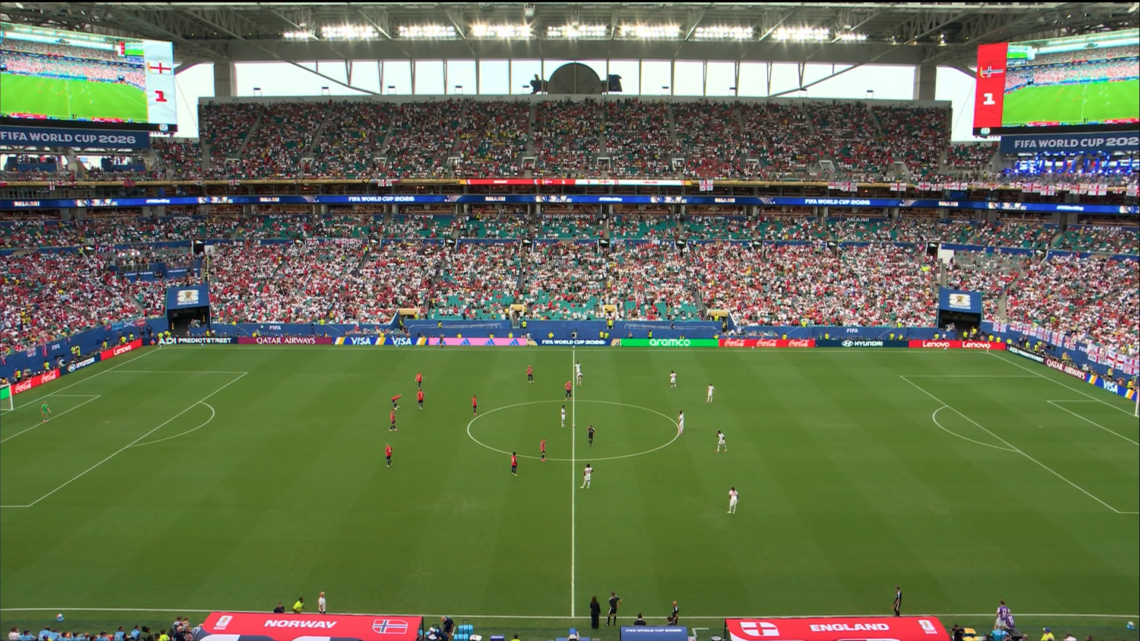Norway and England players during the 2026 FIFA World Cup quarterfinal at Miami Stadium.